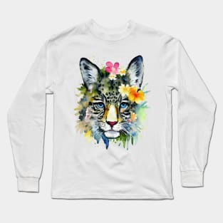 Leopard face with flowers watercolor design Long Sleeve T-Shirt